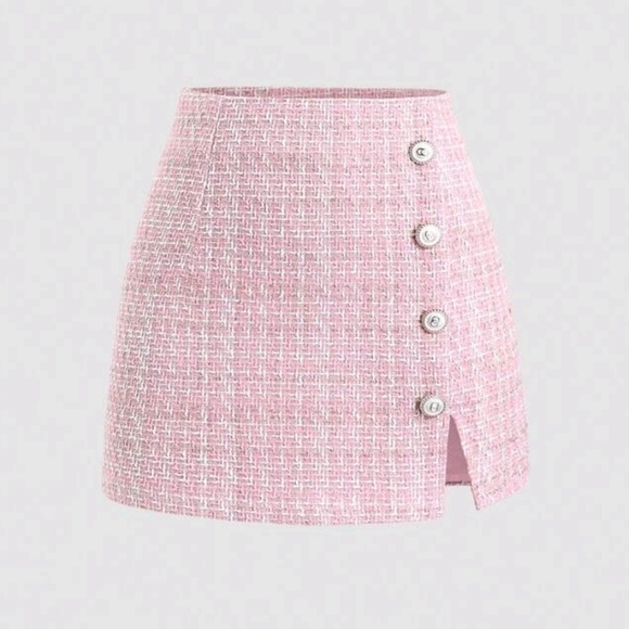 Women Fashionable Versatile Pink Tweed High Waist A-Line Slit Decor Button Skirt - Picture 1 of 5